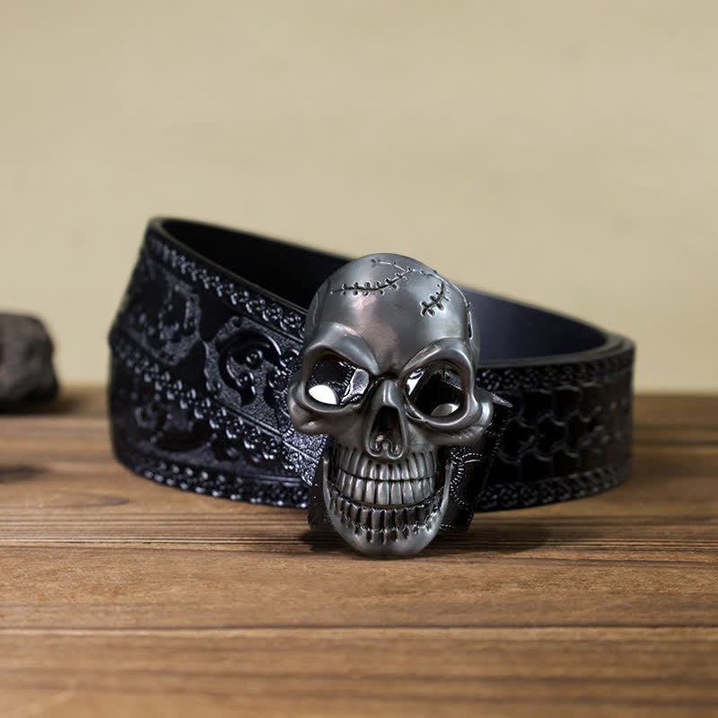 Ceinture en cuir à boucle mobile pour homme avec tête de mort et mâchoire