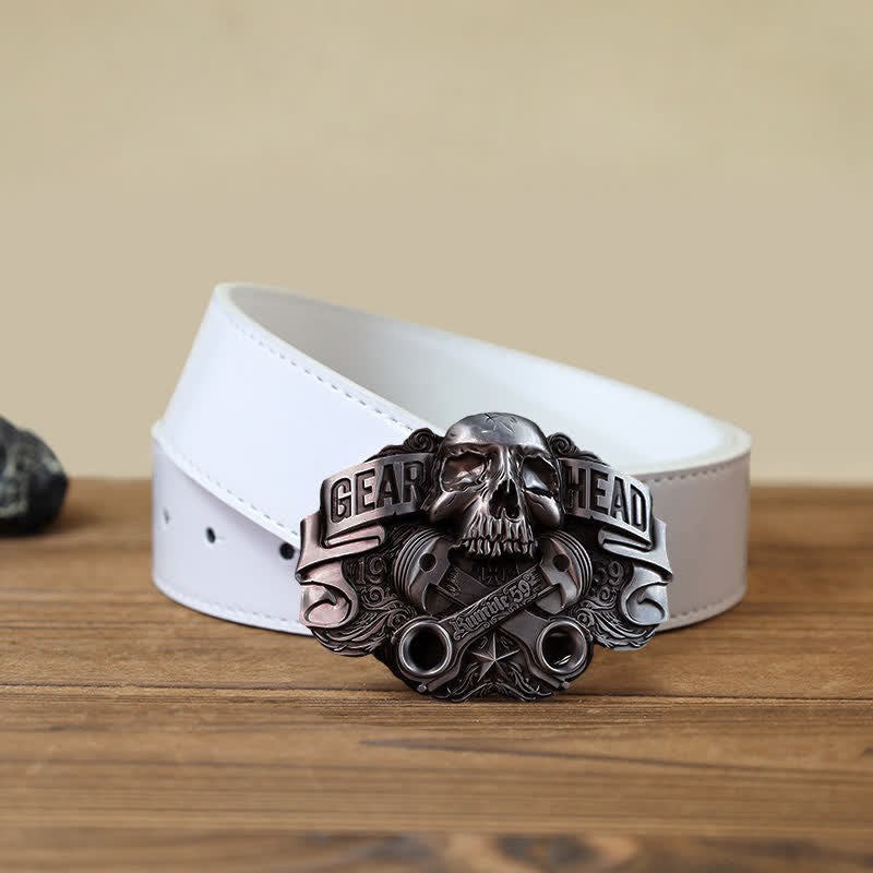 Ceinture en cuir à boucle tête de mort pour homme avec tête de piston et tête de mort