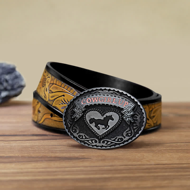 Ceinture en cuir à boucle relevée argentée pour femme avec motif cowgirl