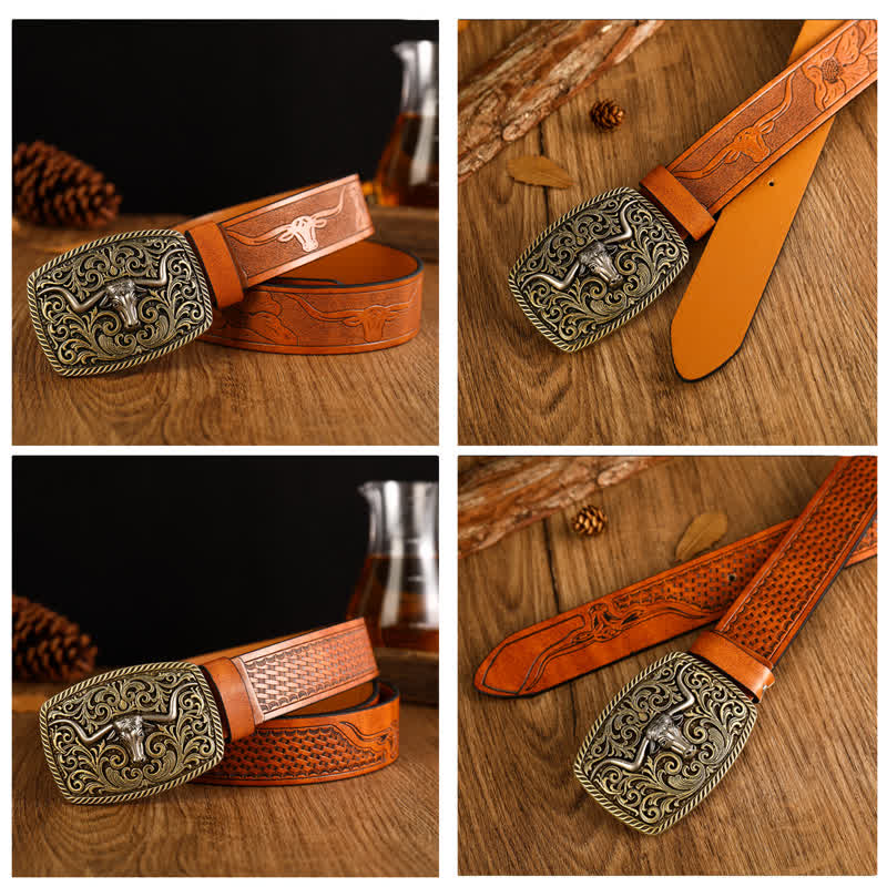 Ceinture en cuir à boucle carrée et fleur pour homme