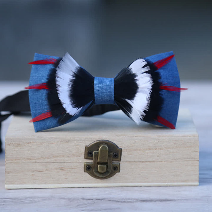 Nœud papillon en plumes de lin bleu de luxe noir et blanc