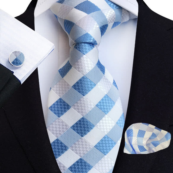 Ensemble de 3 cravates à carreaux de couleur vive pour hommes - Bleu clair et blanc - image 1