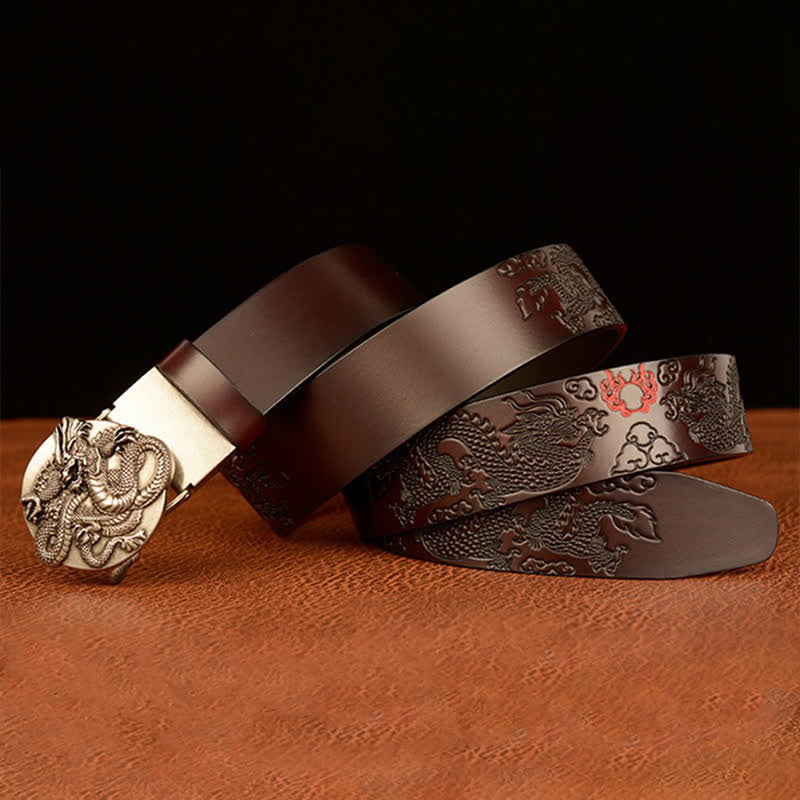 Ceinture en cuir à boucle automatique ronde pour homme avec motif dragon de flamme