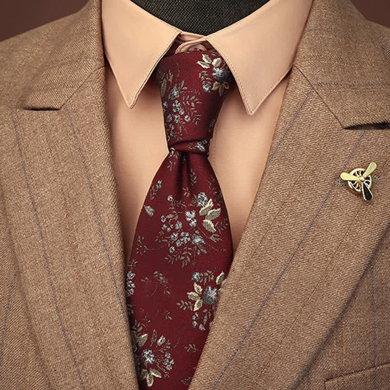 Cravate vintage à motif floral rouge foncé et bleu pour homme - Rouge foncé et bleu - image 0