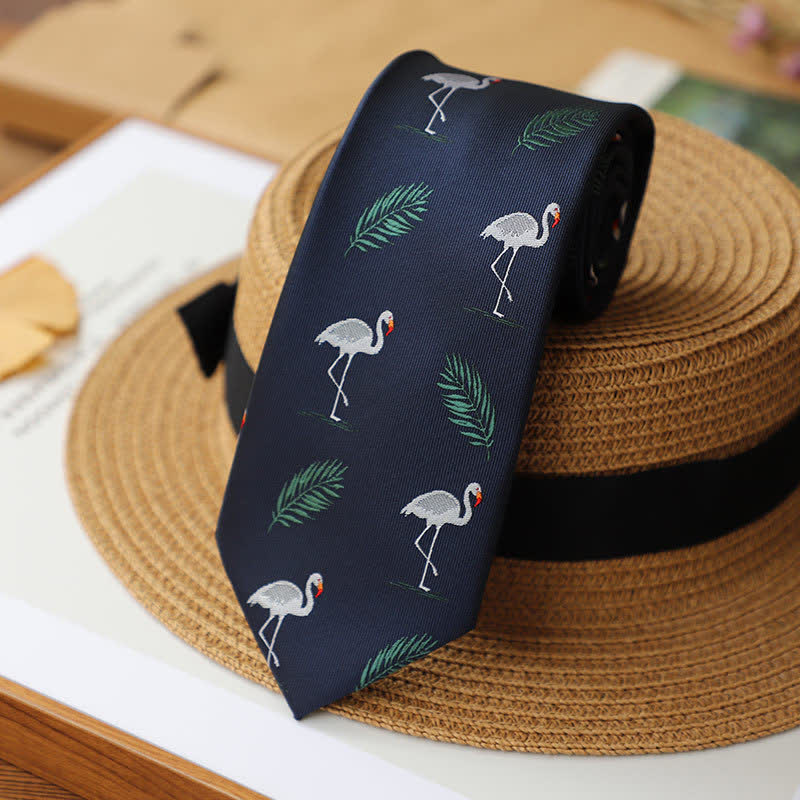 Cravate homme bleu marine style tropical flamant rose