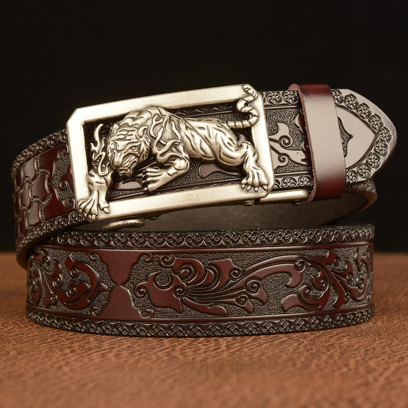 Ceinture en cuir à motif floral en relief avec boucle tigrée pour homme