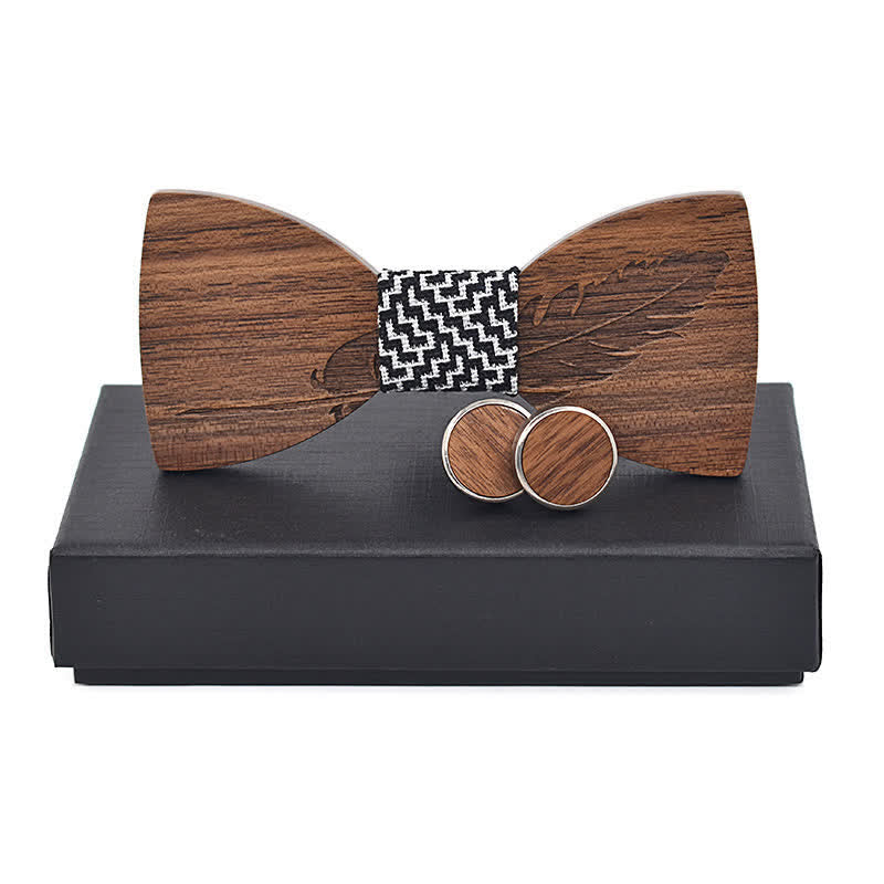Lot de 2 noeuds papillon en bois gravés en plumes pour homme