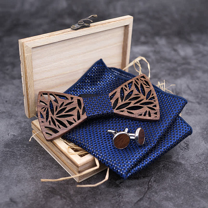 Lot de 4 nœuds papillon en bois à motif de feuilles creuses pour homme