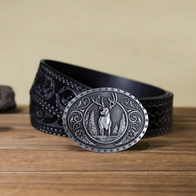 Ceinture en cuir à boucle ovale pour homme avec motif cerf forestier