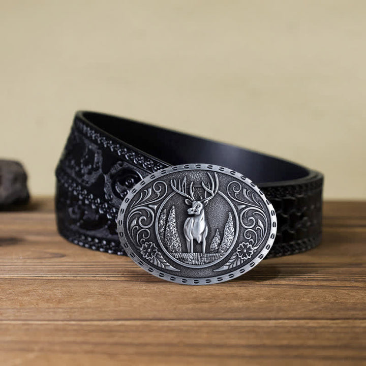 Ceinture en cuir à boucle ovale pour homme avec motif cerf forestier
