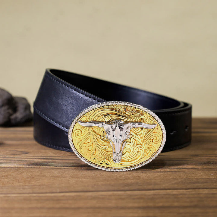 Ceinture en cuir à boucle tête de taureau dorée brillante pour homme