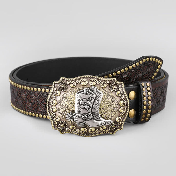 Chaussures de cowboy pour hommes, ceinture en cuir à décor clouté