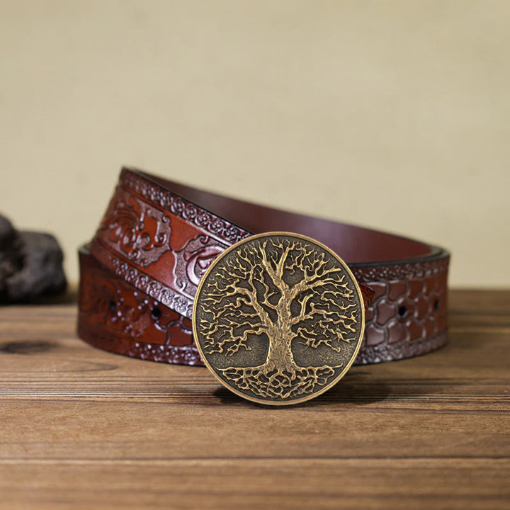 Ceinture en cuir à boucle ronde pour homme avec motif arbre de vie