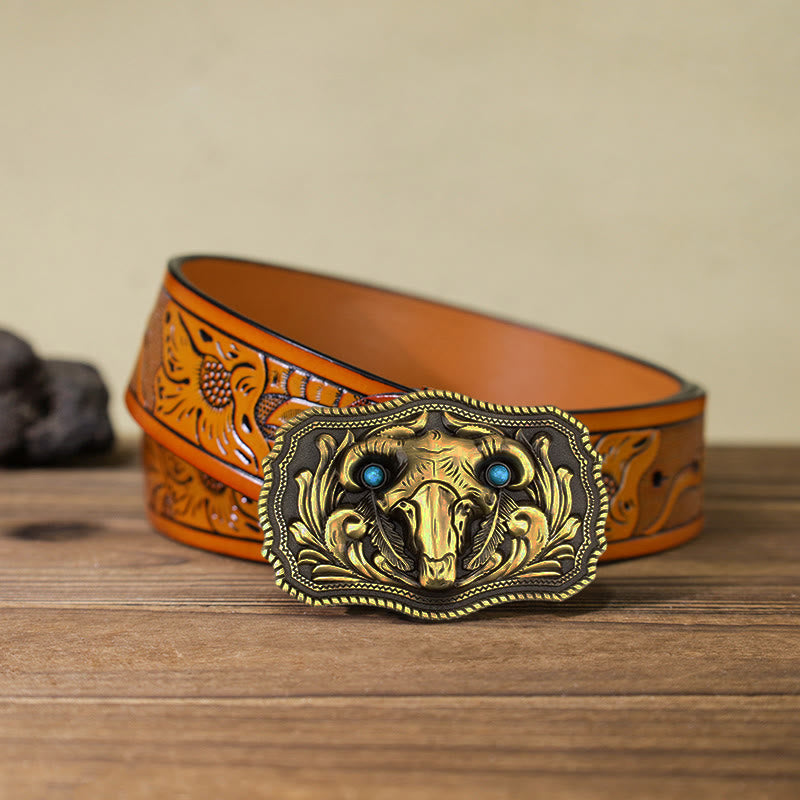 Ceinture en cuir à boucle turquoise pour homme avec tête de mort de chèvre