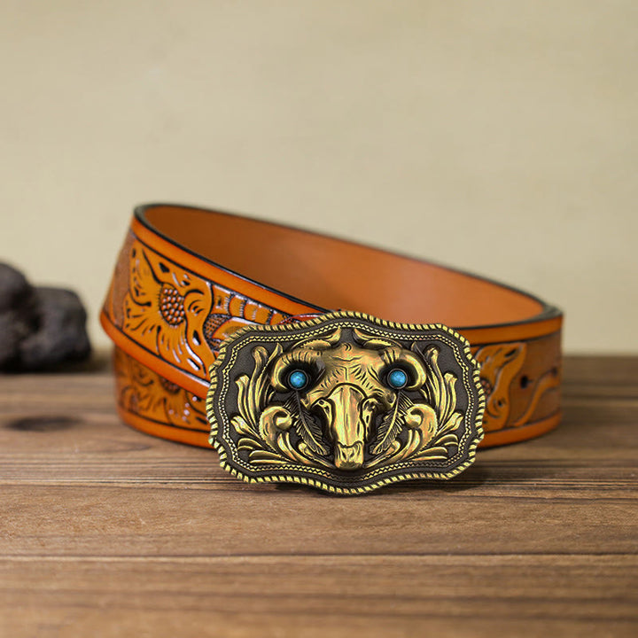 Ceinture en cuir à boucle turquoise pour homme avec tête de mort de chèvre