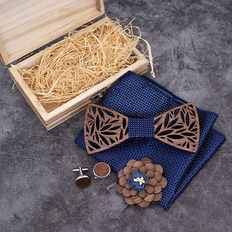 Lot de 4 nœuds papillon en bois à motif de feuilles creuses pour homme