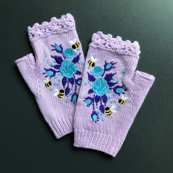 Gants tricotés demi-doigts brodés de fleurs pour femmes